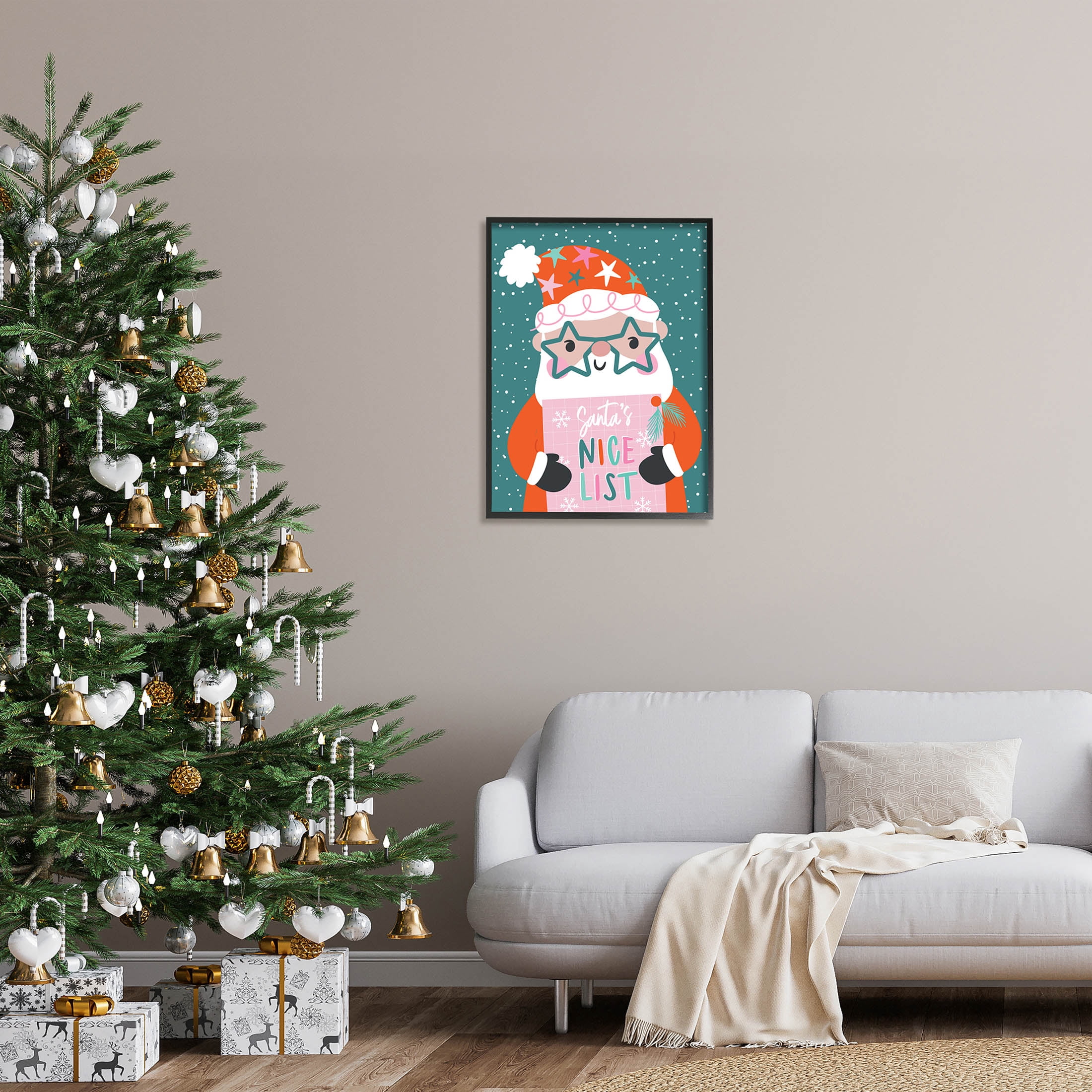 Santa's Nice List Falling Snow Holiday Graphic Art Black Framed Art Print Wall Art