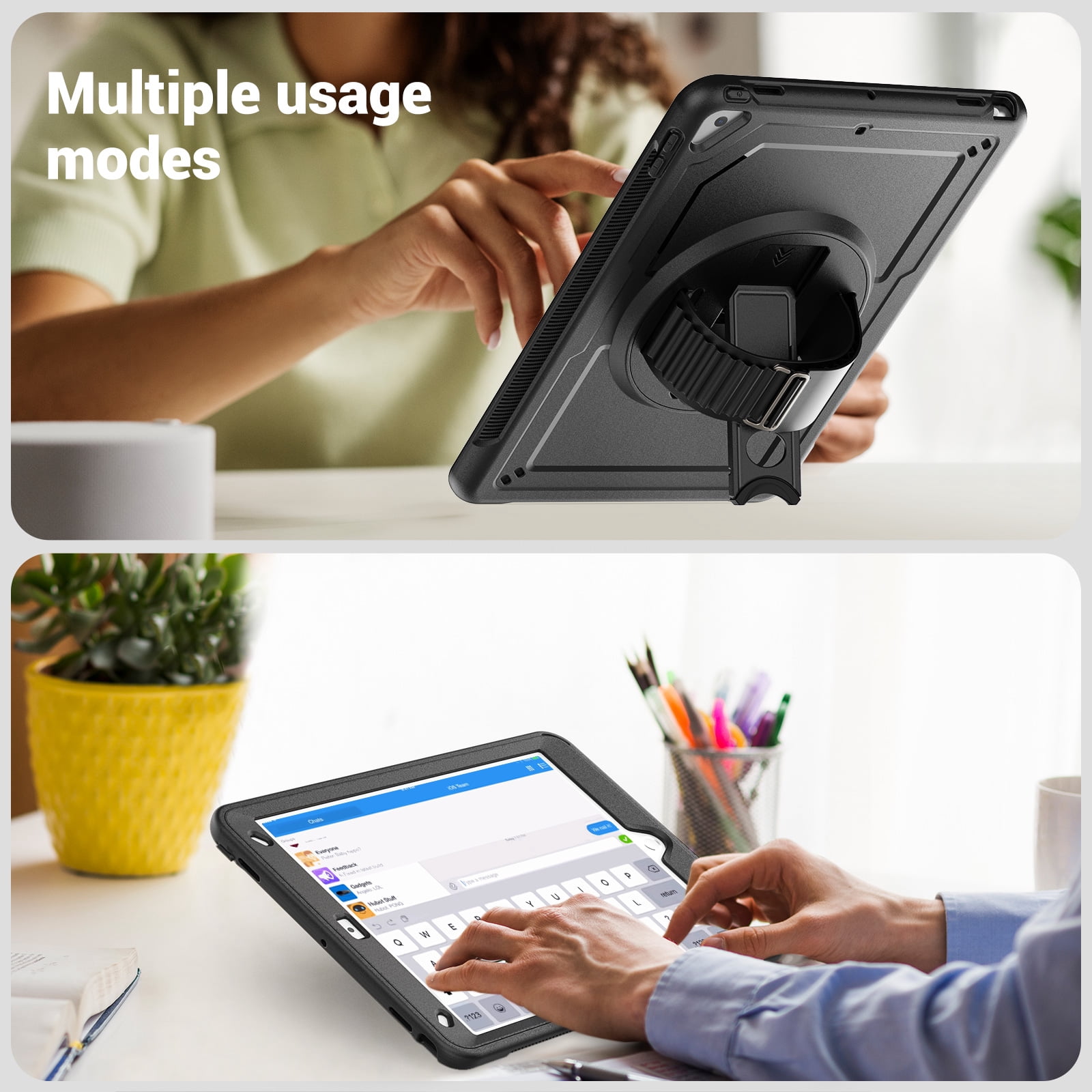 ELEHOLD Case for Apple iPad 10.2 2021/2020/2019 Pro 10.5'2017)(Air 3 10.5 (2019),Soft TPU Rugged Durable Case with 360° Rotating Hand Strap & Foldable Hidden Stand & Pencil Holder,Black