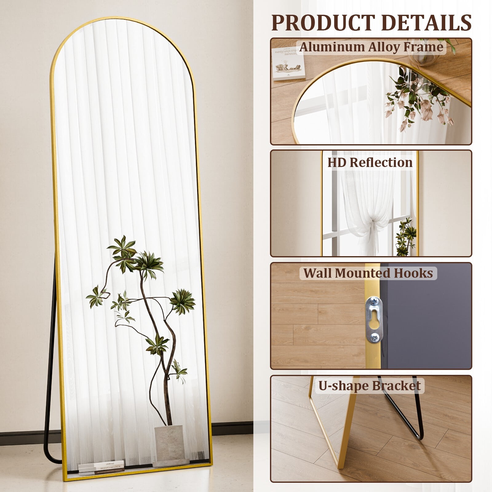 Easy4Home 58"x19" Arched Full Length Mirror with Aluminum Alloy Frame Freestanding Floor Dressing Mirror, Gold