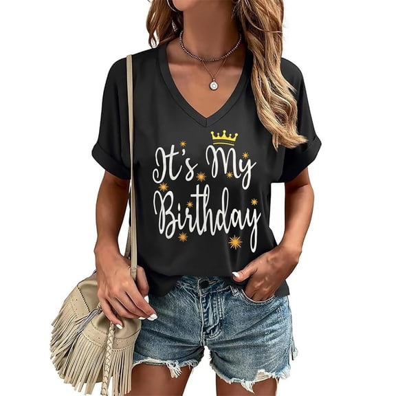 Trendfront Womens Its My Birthday T-Shirts V-Neck Casual Loose Fit Short Sleeve Tops Trendy Fashion Tee Cute Party Pullover Celebration Outfits
