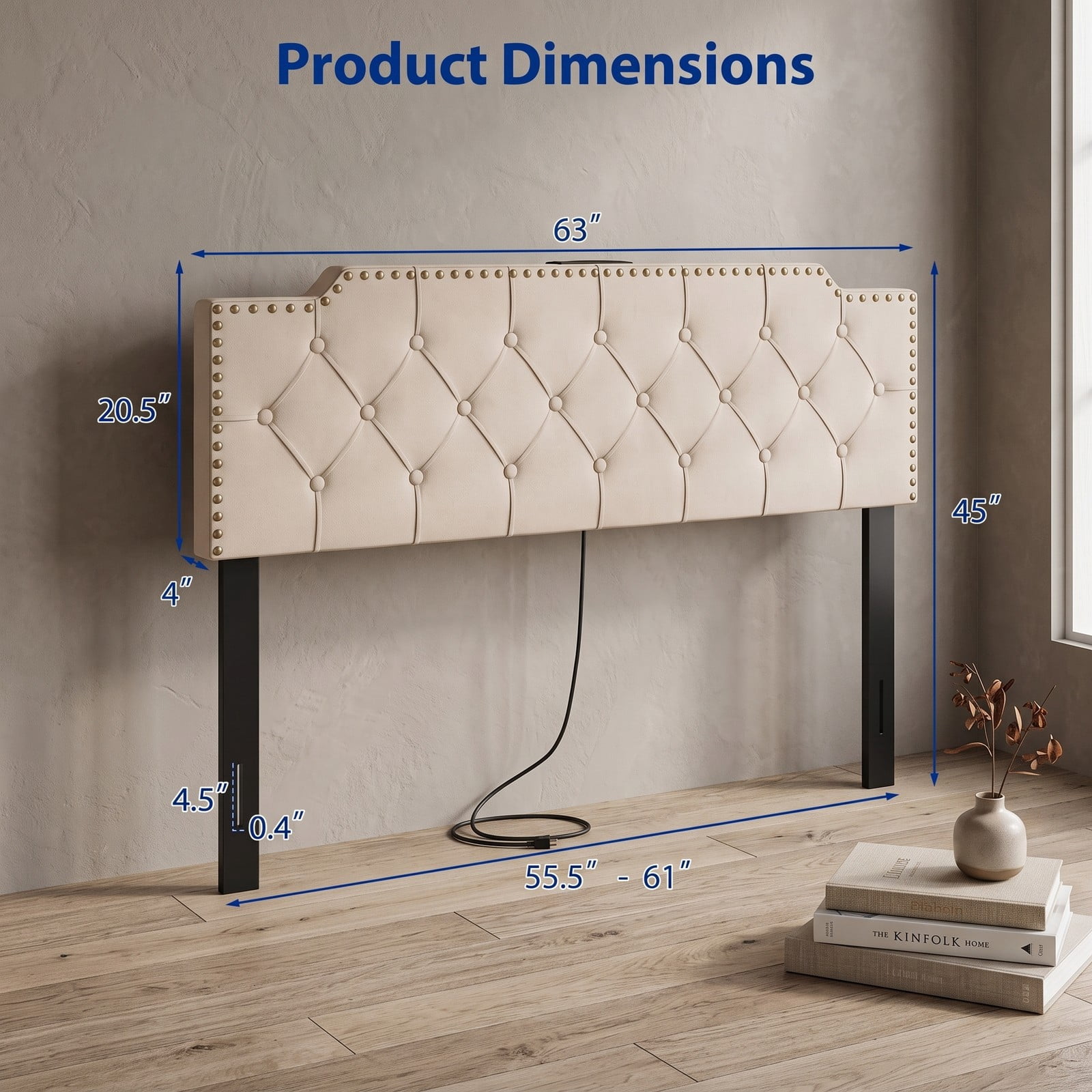 Furnibear Nailhead Trim Tufted Upholstered Headboard with 2 AC Outlets and USB and Type-C Ports for Full and Queen Beds, Beige