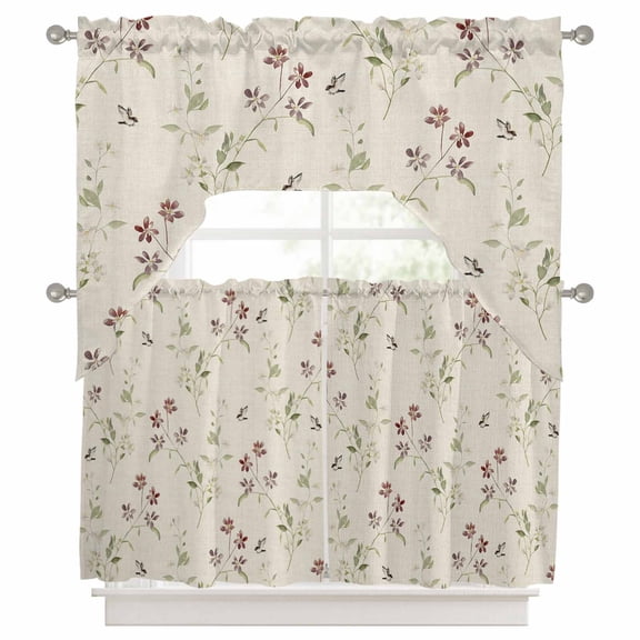 Curtains Swag and Tiers Curtains Set, Flower Leaves, Valances with Kitchen Tier Curtain 36 Inches Long, Farmhouse Country Flower Bud Watercolor Swag Light Filtering Curtains for Sink/Laundry Room