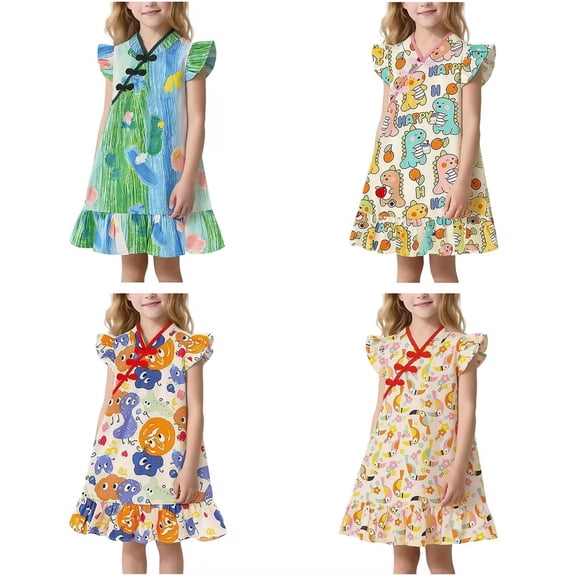 OVAFBAU Girls Dresses Summer Outfits Graphic Sleeveless Sundress V Neck Button Collar Sundress