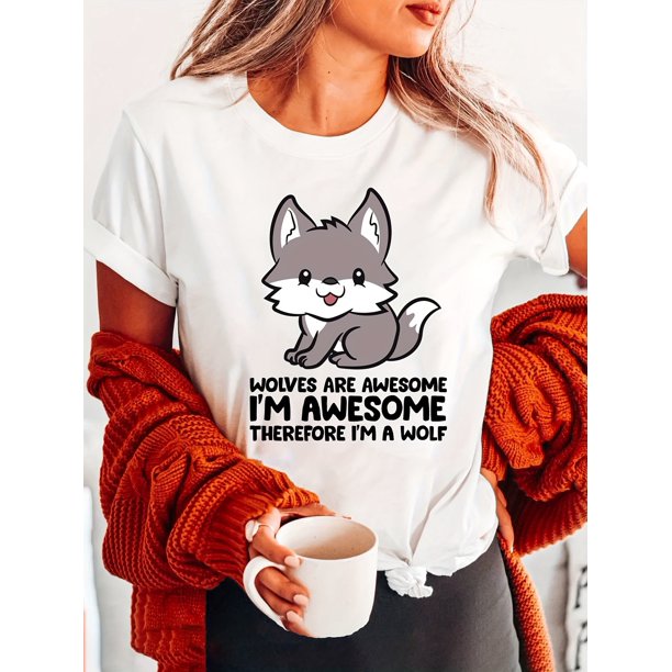1pc Women'S Cotton Crew Neck T-Shirt with Cartoon Wolf Print, Casual Short Sleeve Top with Slight Stretch, Regular Length, All-Season Knit Fabric Tee