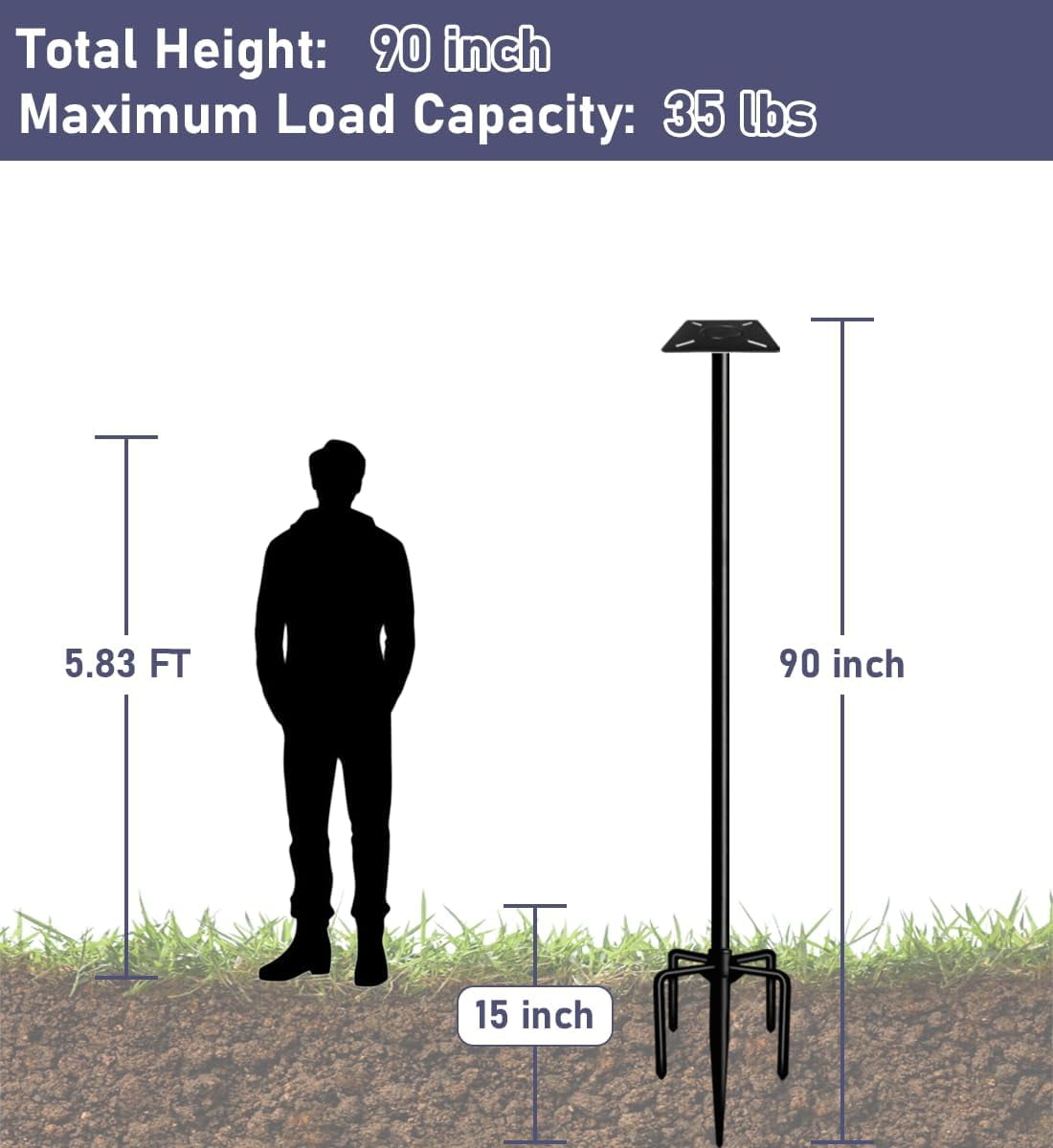 90 Inch Smart Bird Feeder Pole with 5-Prong Base, Adjustable Bird House Pole Mount Kit for Outdoors, Heavy Duty Bird Feeder Stand for Wild Birds Watching, Black