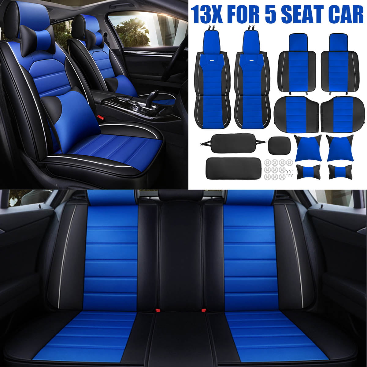 Color : Blue DAPENG Car Seat Cover Front Rear 5 Seat Full Set Universal Leather Seasons Protectors Pad Compatible Airbag with Pillow. 