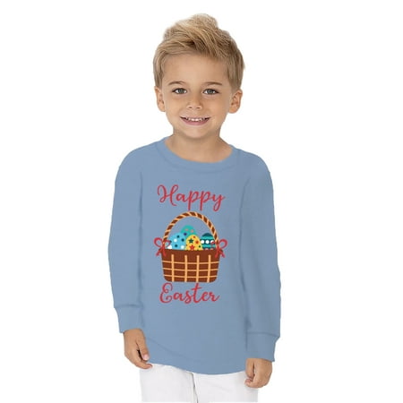 

Happy Easter Basket Graphic Toddler Long Sleeve Shirt - Happy Easter Day Tshirt for Kids - Festive Shirt Gifts