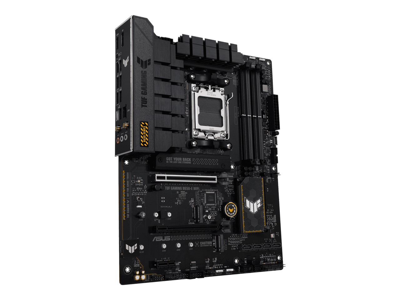 ASUS TUF GAMING B650-E WIFI AMD B650 AM5 ATX motherboard, DDR5, 8+2 teamed power stages, PCIe 5.0, a PCIe 5.0 M.2 slot, Realtek 2.5 Gb Ethernet, Wi-Fi 6E, HDMI, DisplayPort, front USB 20Gbps Type-C