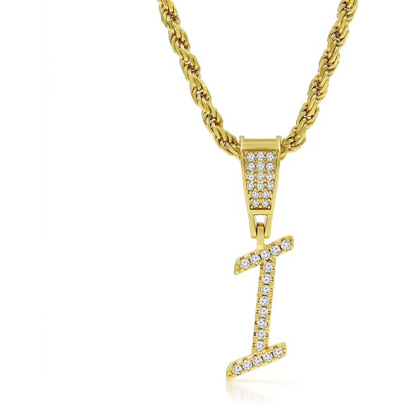 Giorgio Bergamo Stainless Steel Gold Plated Hip Hop Initial Pendant, Micro Pave CZ Cubic Zirconia, Rope Chain, A- Z 26 Letter Alphabet Unisex Mens Womens Necklace, I