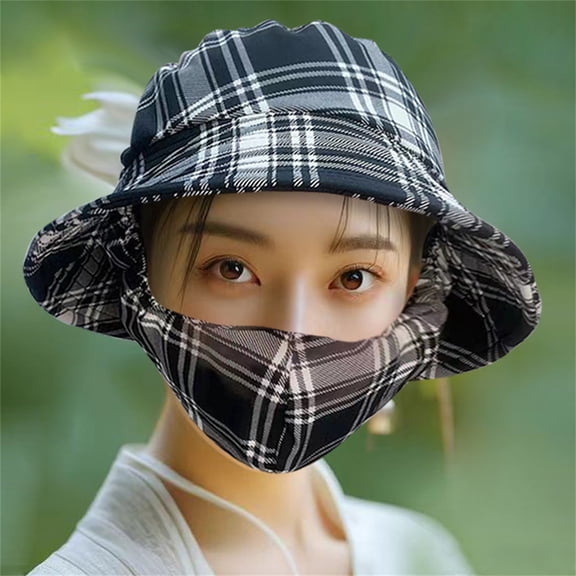 Women Sun Hats Outdoor UV Protection Wide Brim Hat with Face Mask Beach Hats Hiking Fishing Bohemian Summer Hat(Large grid)