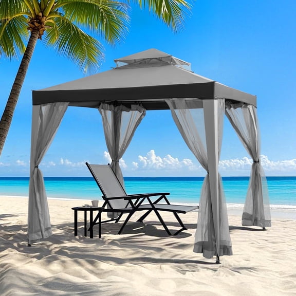 Sunjoy 8 ft. x 8 ft. OPP Gazebo with Netting Screened Gazebo with Mosquito Netting Outdoor Canopy Shelter for Outdoor Lawn, Garden, Backyard and Grey，Black