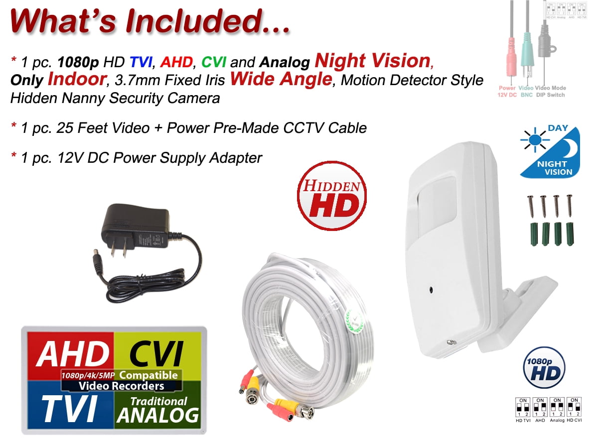 Evertech 1080p Night Vision 3.7mm Pinhole Lens Wide Angle Indoor PIR Security Camera 12V DC Adapter and 25ft CCTV Cable
