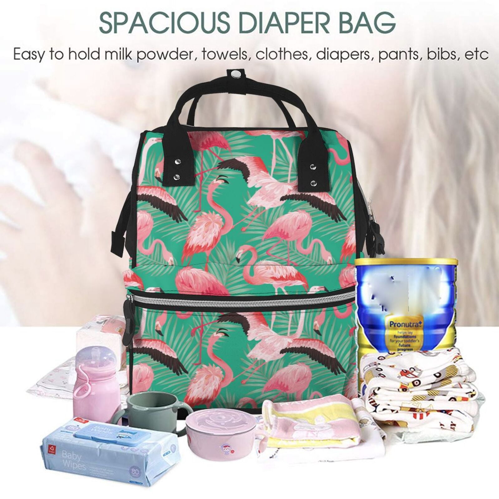 Ratiio Tropical Flamingo Mummy Backpack - Waterproof Twill Canvas, Large Capacity Diaper Bag with Multiple Pockets and Adjustable Straps