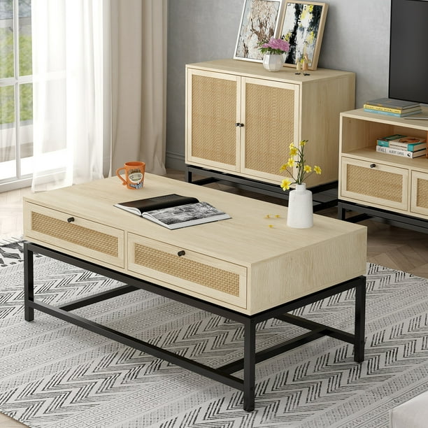 Wooden End Tables Pentinm Modern Farmhouse Collection Coffee Table Side With 2 Drawers Metal Base Rattan Rectangular Tail Storage For Living Room Accent Z186 Com Wooden End Tables Pentinm Modern, Rattan Coffee Table With Drawers