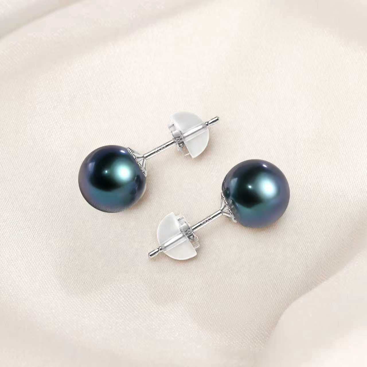 BAMIKI 7.5-8mm Handpicked Tahitian Black Pearl Earrings 925 Sterling Silver Studs Valentine's Day Gift for Women