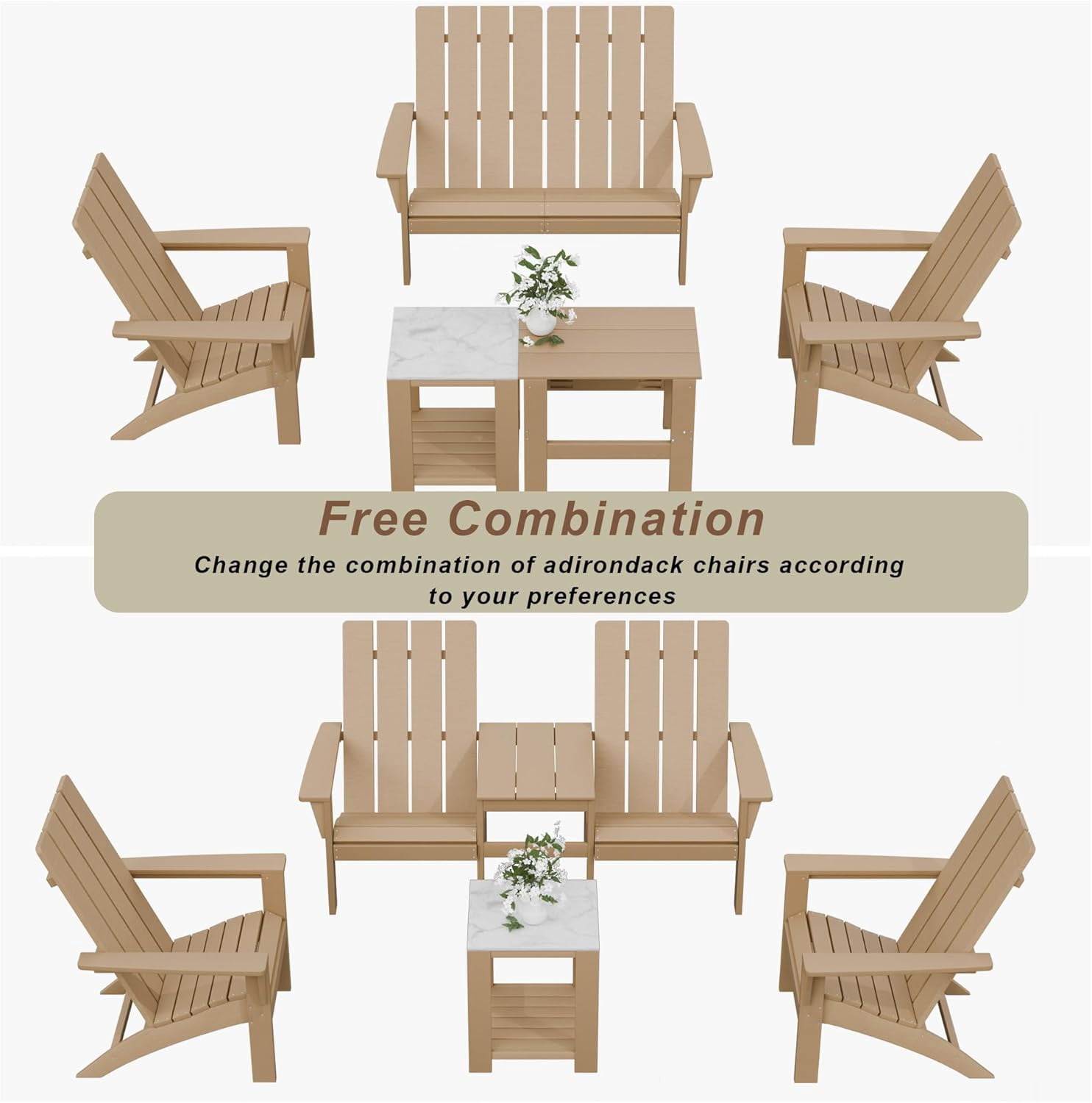 ALAULM All-Weather HDPE 8PCS Modular Flexible Combination Adirondack Conversation Set with Marble-Look Interlocking Side Tables for Deck Patio Poolside, Brown