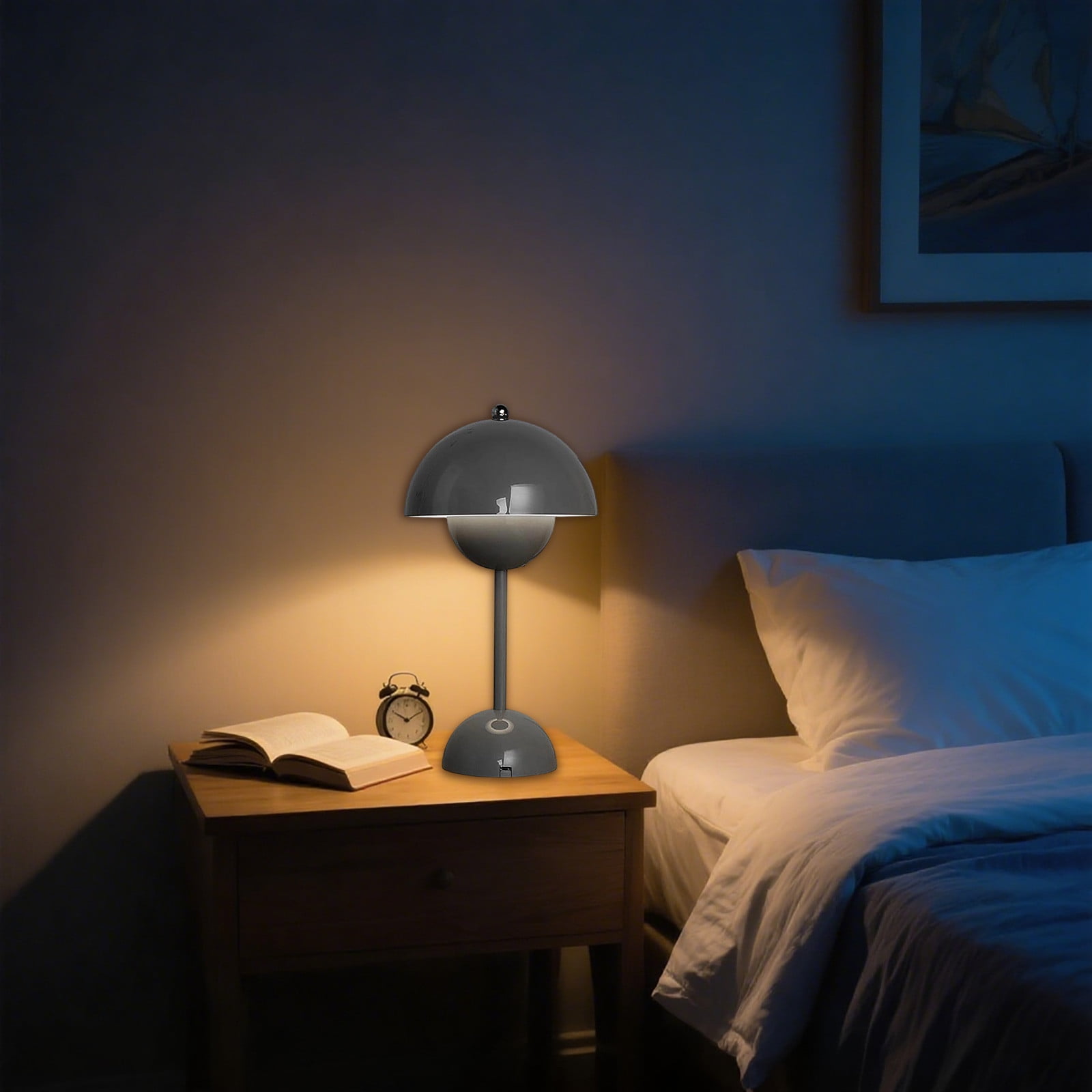 Grey Rechargeable Flower Bud Desk Lamp Touch Dimmable Night Light Minimalist Mushroom Table Lamp Retro Bedside Lamp for Bedroom