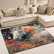 White Horse in Flowers Floral Area Rug Washable 80 x 58 Floor Carpet Mat Non Slip for Bedroom Living Room Home Decor
