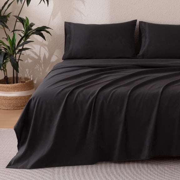 Sonive Minimalist Embroidered Sheet Set Queen, 4 Pieces Breathable Soft Hotel Collection, Black