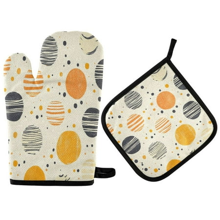

Heat Resistant Oven Glove & Hot Pad Set Reusable and Washable Kitchen Combo for Baking BBQ Oven Microwave Striped Spheres Pattern