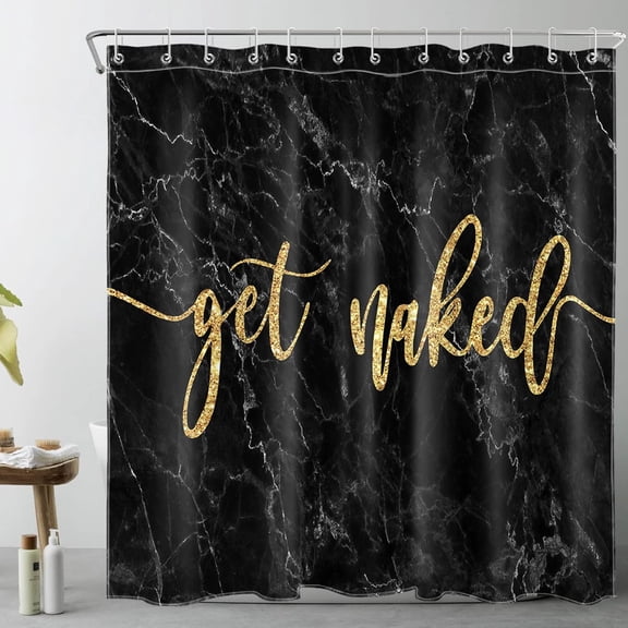 Modern Abstract Marble Shower Curtain Decor,Funny Quotes Get Naked on Black and Gold Shower Curtains for Bathroom Decoration Bath Curtains Hooks Included-36"W x 72"L (Pack of 1)