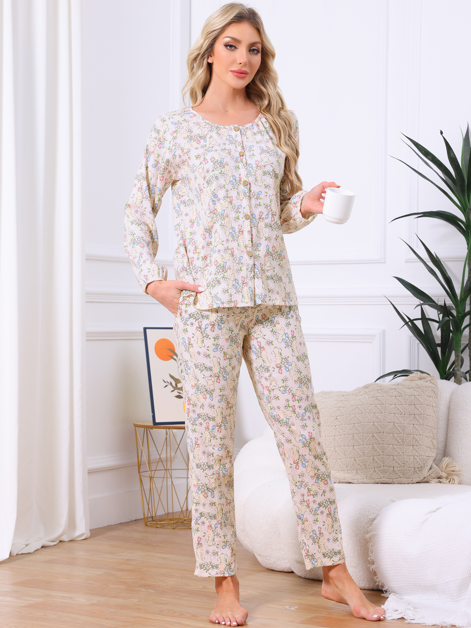 DARING DIVA Pajamas Long Sleeves Cotton Button Down U Neck Set M Pink Floral