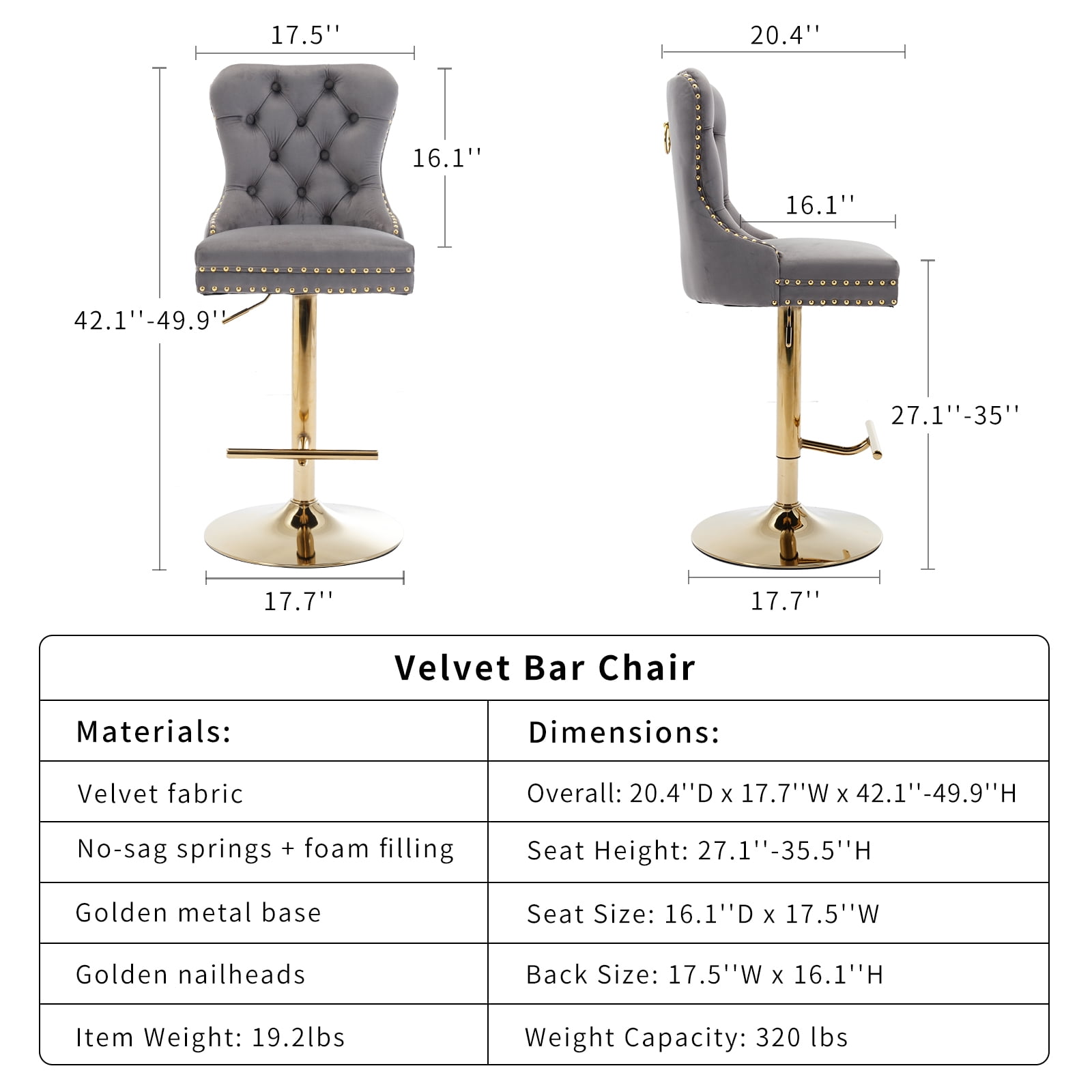 Grey Velvet Swivel Bar Stools Set of 2 with Upholstered Back, Adjustable Counter Height Barstools, Bar Chairs for Home Bar Kitchen Island Pub Restaurant (2 Pcs, Gray)