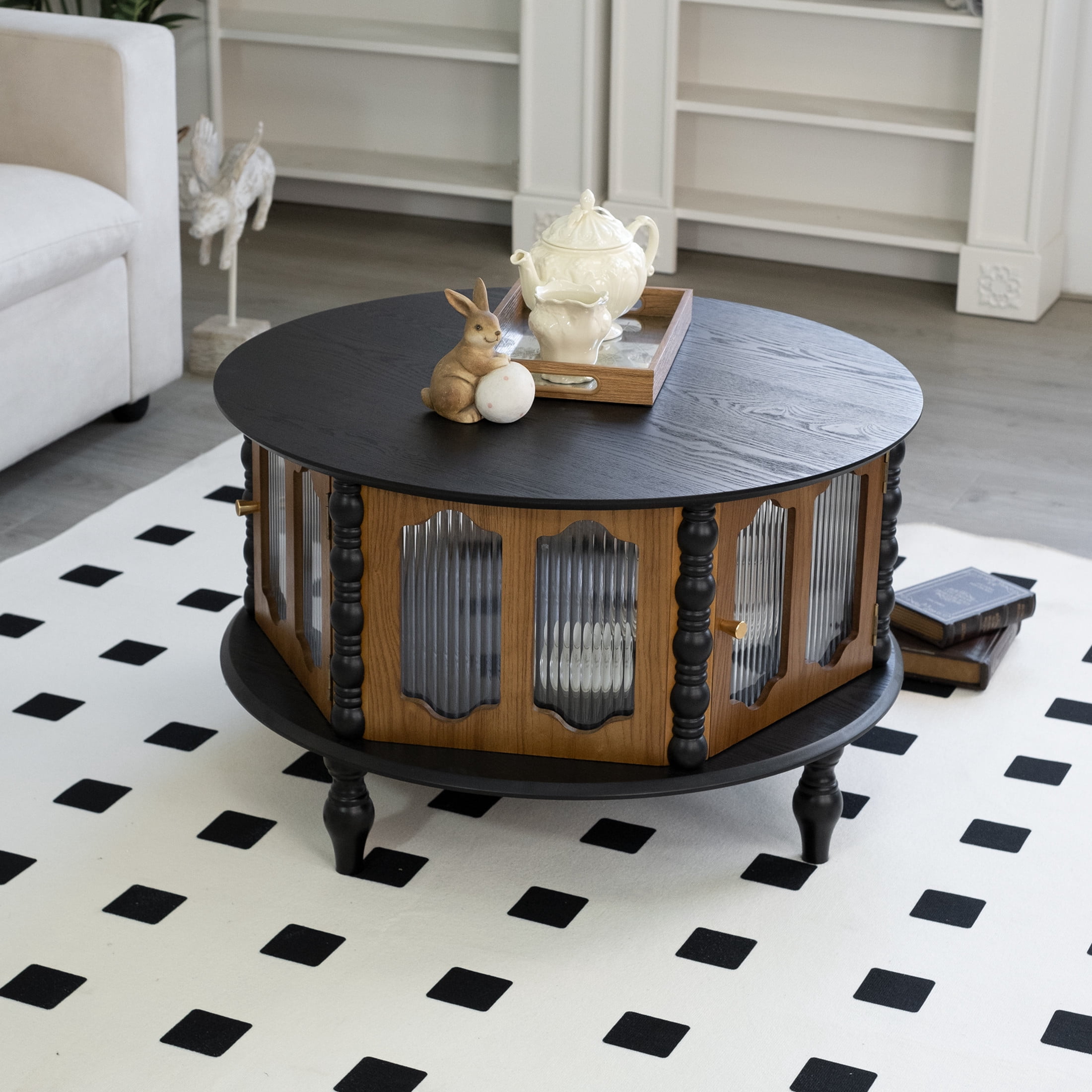 Noble House Mourade 31.5" Round Coffee Table with Storage, Industrial Modern Center Table for Small Spaces, Black