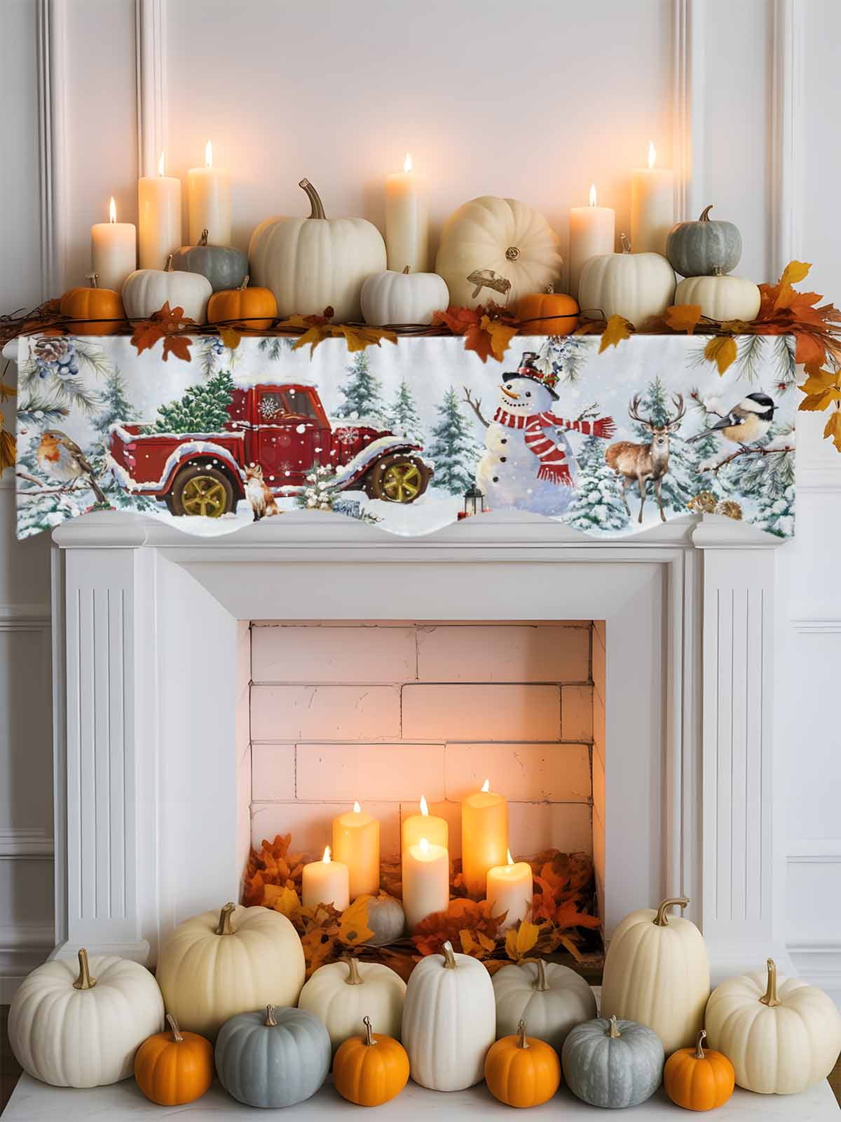 Christmas Fireplace Mantle Scarf Xmas Snowman Truck Pine Tree Leaf Animals Blue Snow Mantel Cover Runner Fireplace Cloth for Holiday Party Home Living Room Decor 70 x 17 Inch
