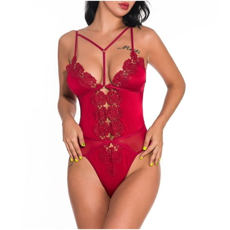 

CALAFEBILA Merry Christmas Sexy Lingerie Deep V Mesh See-through Sexy Pajamas Elastic Sling One-piece