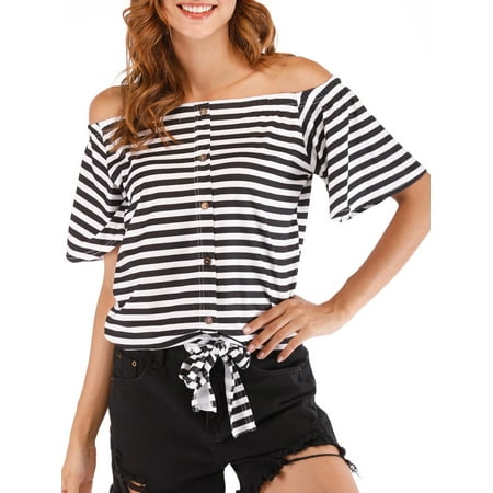 Short Sleeve Bow Tie - Roykit Women Short Flare Sleeve Off Shoulder Bow Tie Front Buttons Stripes Tops Blouse