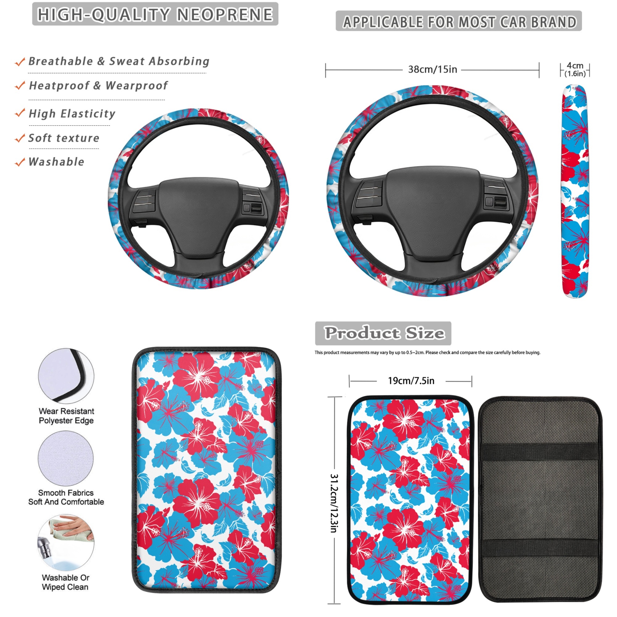 Jeiento Hibiscus Flowers Auto Seat Cover Full Set 13 PCS Car Accessories Set with Steering Wheel Cover Armrest Cover Seatbelt Shoulder Pad Cup Mat Key Ring Easy Install