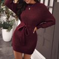 thumbnail image 2 of Sngxgn Women's Fall Elegant Dress Long Sleeve Crewneck Tie Waist Slim Rib Knit Slit Bodycon Midi Dress(,M), 2 of 8