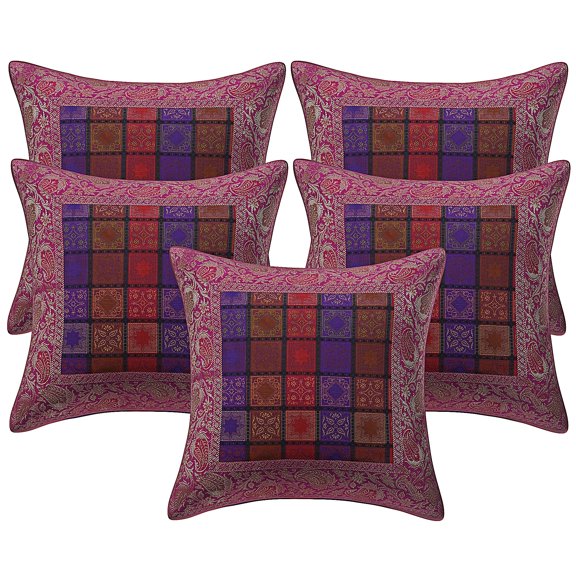 Stylo Culture Ethnic Decorative Throw Pillow Covers 16 x 16 Jacquard Purple Gold Traditional 40cm x 40cm Home Decor Brocade Geometric Zippered Square Cushion Covers | Set Of 5