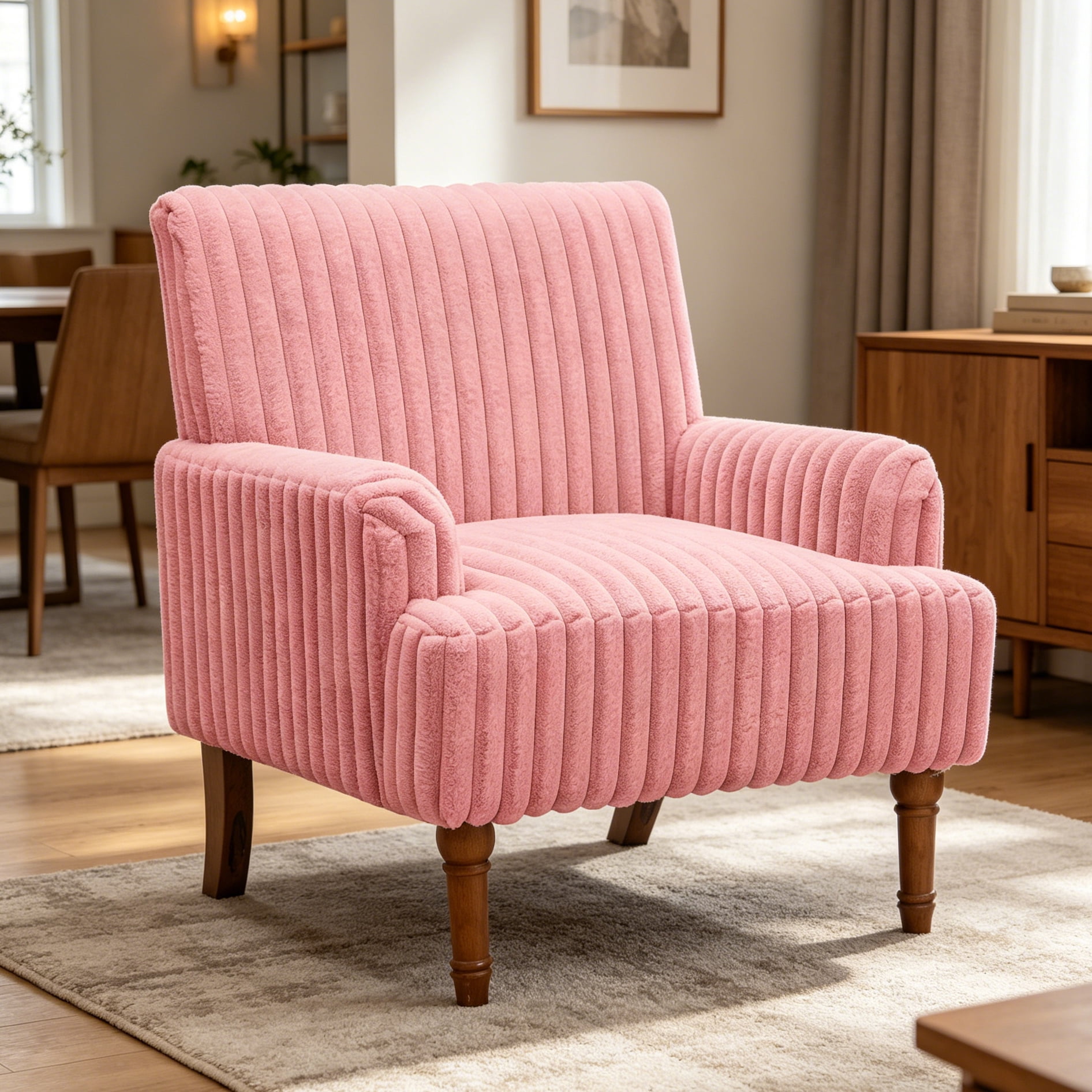 Aukfa Mid Century Corduroy Accent Chair, Wide Wale Upholstered Armchair with 9" Wood Legs for Living Room Bedroom,Pink