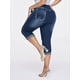 thumbnail image 2 of Pantalones vaqueros recortados para mujer, informales, de verano, con dobladillo rasgado, tiro medio #1, azul oscuro, mediano, 2 of 5