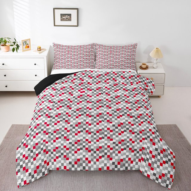 Erosebridal Geometry Bedding King Comforter Set for Teens, Purple Comforter Sets King Size, Rectangle Checkered Reversible Down Comforter, Lightweight Room Decor, 3 Pieces