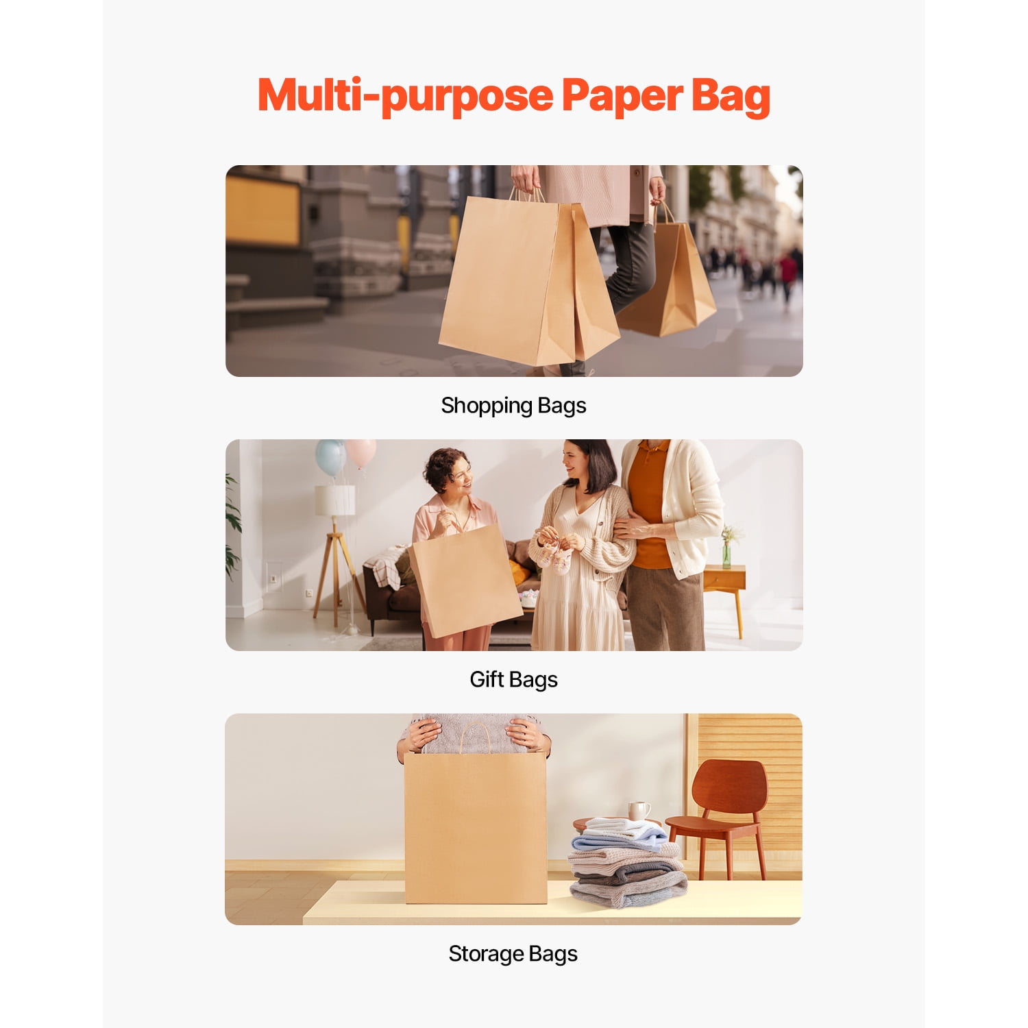 KFFKFF Large Kraft Paper Bags with Handles, 100-Pack, 18 x 7 x 19 Inches, Durable Recycled Grocery Bags for Parties, Events, Business, and More, Brown