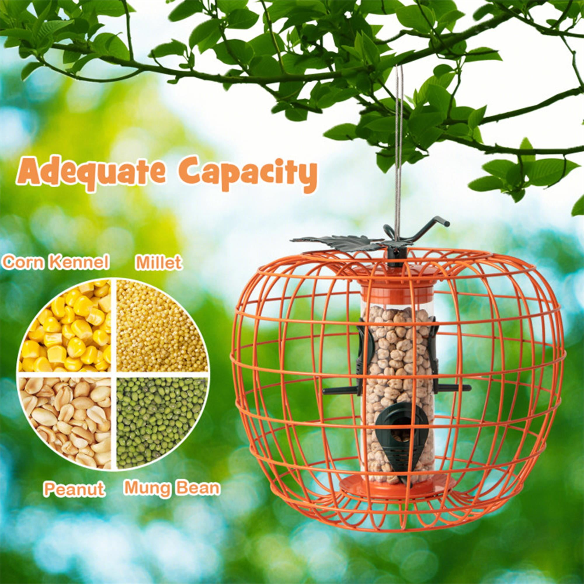 Kadyn 16" Metal Hanging Bird Feeder with Cage and 4 Metal Ports, Squirrel-proof Wild Bird Feeder for Outdoors, Orange