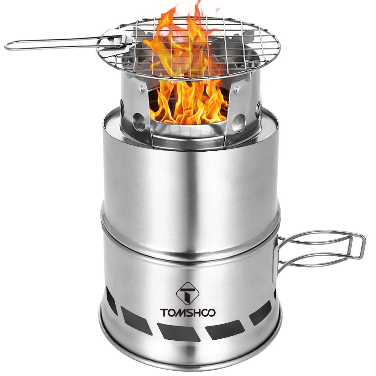 YAHHU Portable Stainless Steel Wood & Alcohol Camping Stove with Foldable Handle, Windproof Stand, Ash Tray – Compact, Durable, Eco‑Friendly Outdoor Cooking