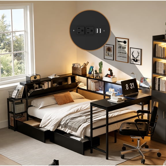 Mirightone Twin Bed with Storage Drawers, Twin Size Daybed with Desk and LED Light for Teens Adults, Black