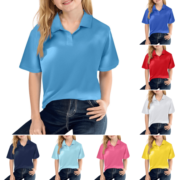 Domuza Girls' Short Sleeve Polo Shirt, Back to School Classic Pique Uniform Top, Perfect for Everyday Wear Sky Blue 3-4 Years