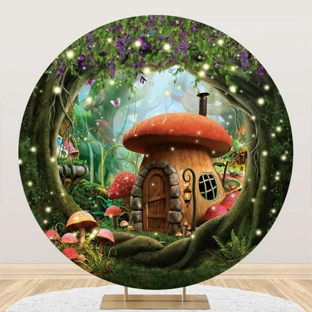 Image of Fairy Tale Wonderland Round Backdrop Cover 7.2ft Enchanted Mushroom Forest Cartoon Circle Greeny Photography Background
