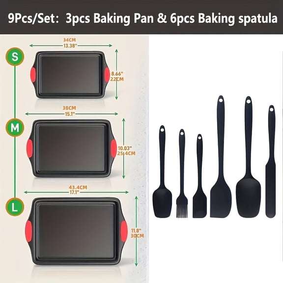 Non-stick carbon steel baking pan set, with detachable silicone handle. High-quality non-stick steel baking utensil set, including three baking pans and six baking spatulas.