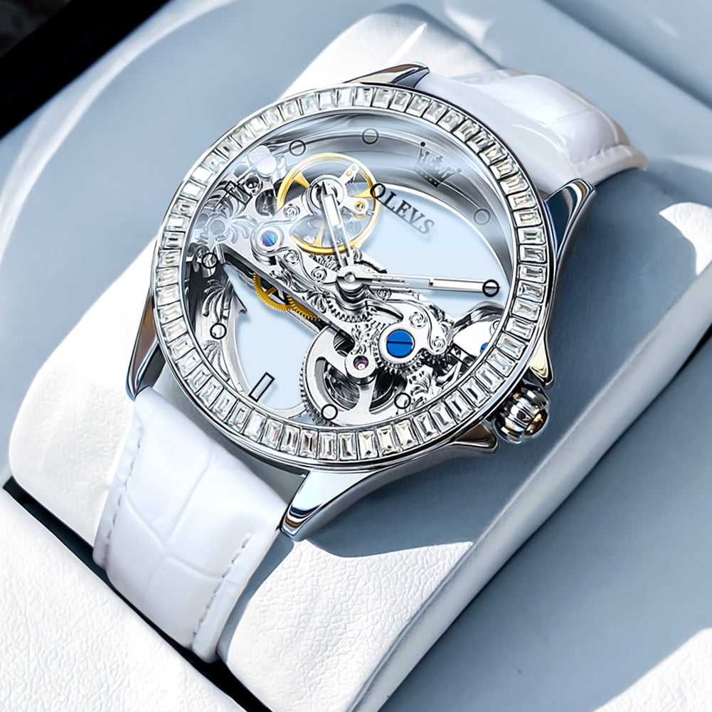OLEVS Automatic Watches for Womens Mechanical Diamond Skeleton Self Winding Leather Luxury Dress Waterproof Luminous Ladies Watches Womens Wrist Watches Gift Reloj Para Mujer