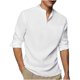 thumbnail image 1 of Camisa con cuello en V para hombre, de algodón y lino, informal, holgada, con cuello levantado Pompotops oipoqjl8392, 1 of 6