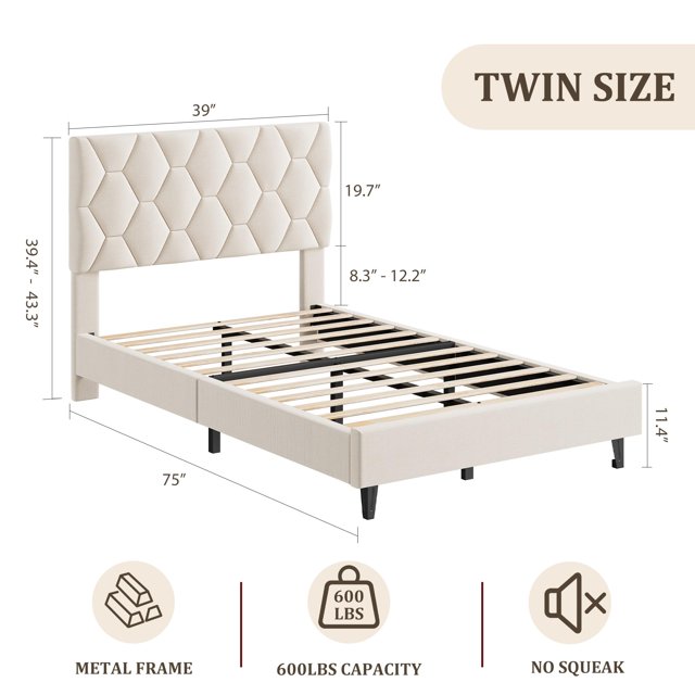 Kojooin Platform Bed Frame with Upholstered Headboard, Strong Wooden Slats, Noise-Free Design, No Box Spring Required, Beige