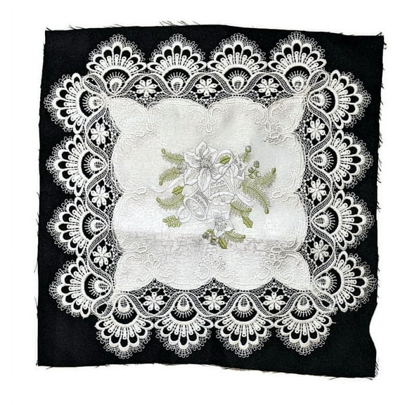 Doily Boutique Christmas Square Doily with Green Candles and Lace on Antique White Fabric Size 24 x 24 nches