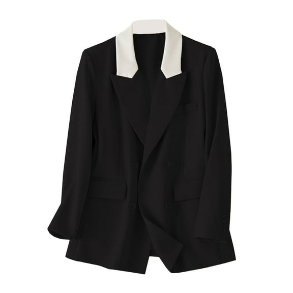 Women Casual Suit Coat Notched Lapel Long Sleeve Patchwork Color Suit Jacket Double Breasted Flap Pockets Loose Fit Office Lady Outwear