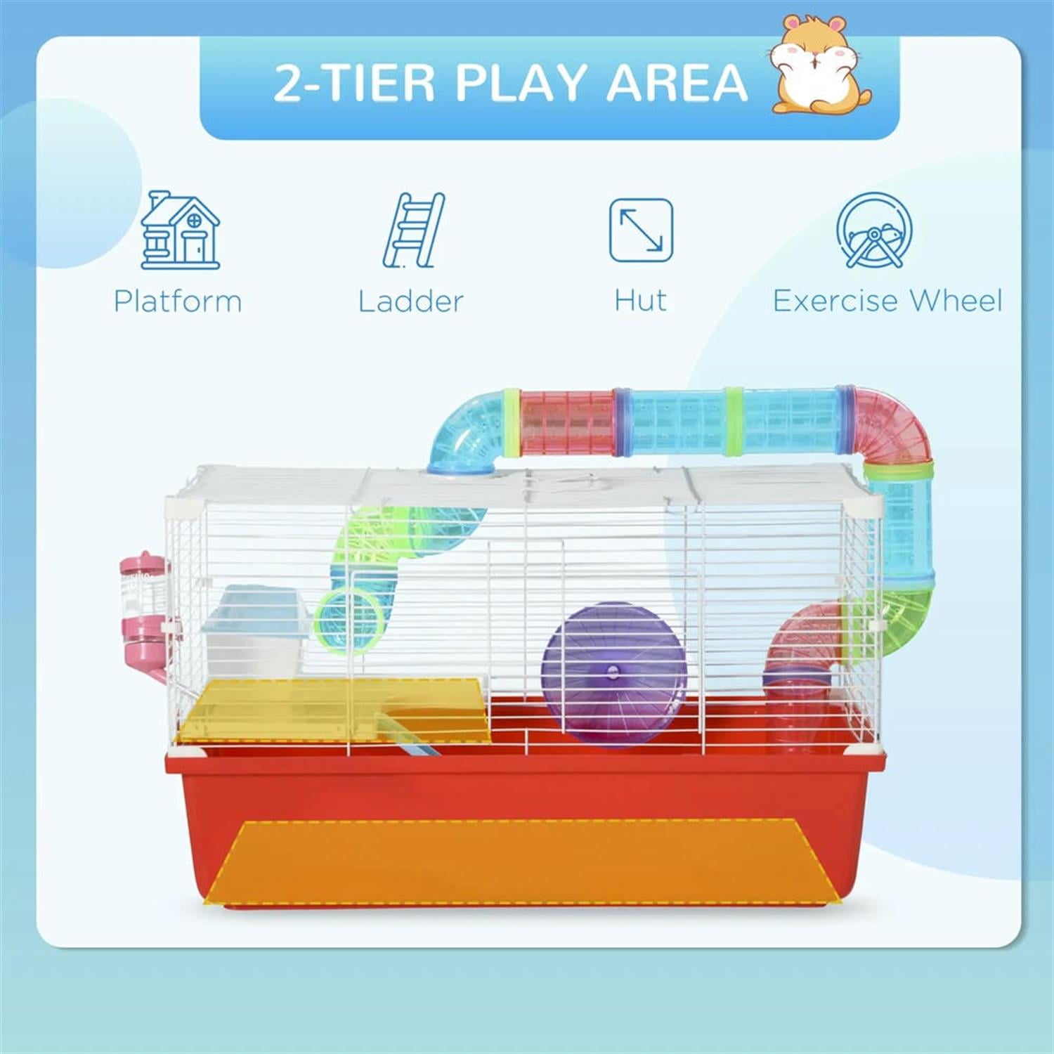 Kadyn 23" 2 Tiers Hamster Cage, Rodent Gerbil Mouse Mice Rat Wire Cage with Exercise Wheels and Water Bottle for Small Animal Habitats, Red